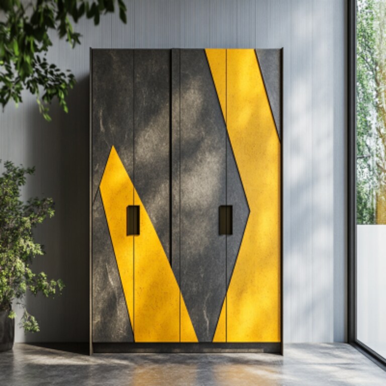 Modern 4 Door Swing Wardrobe Design In River Stone And Marigold Yellow