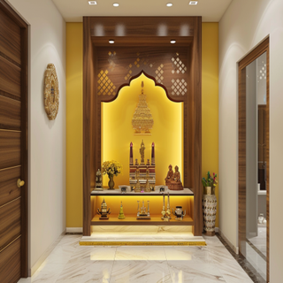 Traditional Pooja Design With Walnut-Toned Wall-Mounted Storage Unit And Mustard Yellow Accent Wall