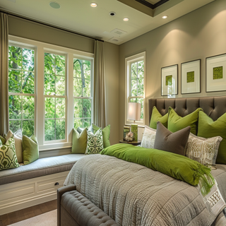 Contemporary Green And Grey Master Bedroom Design With Bay Seater