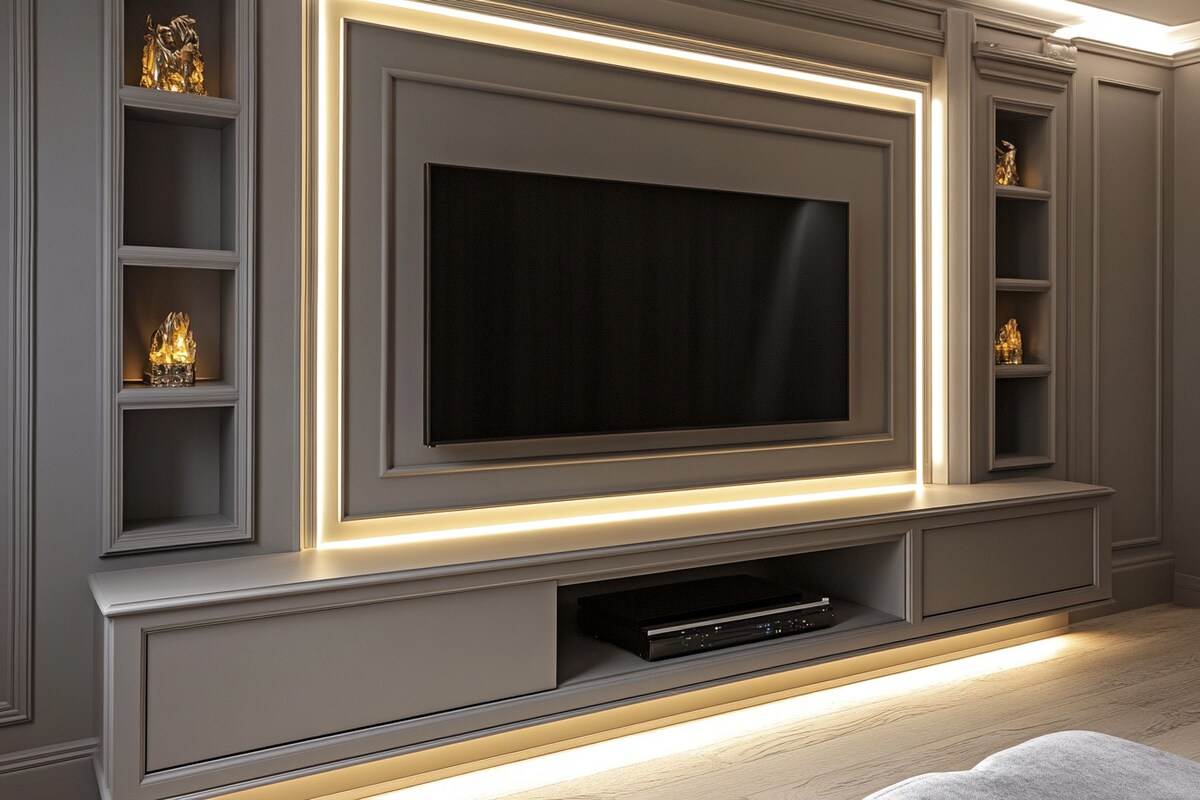 Classic Grey TV Unit Design with Wall Trims and Wall-Mounted Drawer