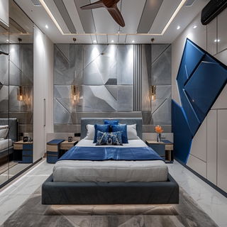 Modern Grey And White Master Bedroom And Blue Accent Wall Panel With Inlay Work