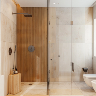 Classic Beige Bathroom Design With Floor-To-Wall Wooden Shower Panel