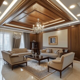 Classic Single-Layered Wooden False Ceiling Design With Chandelier