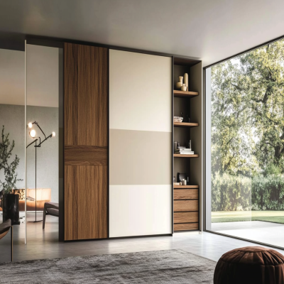 Modern 2-Door White And Wood Sliding Wardrobe With Open Wooden Shelf