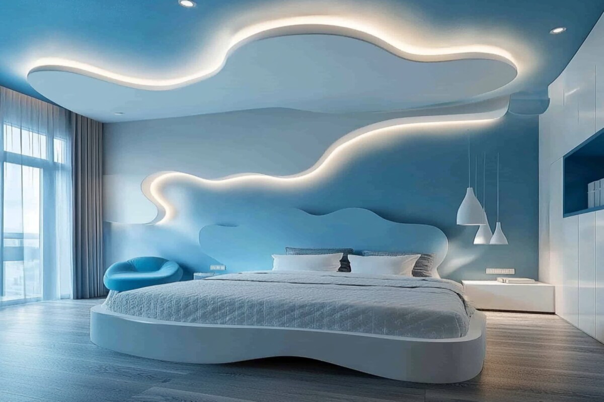 Contemporary Cloud-Shaped White And Blue Bedroom Ceiling Design