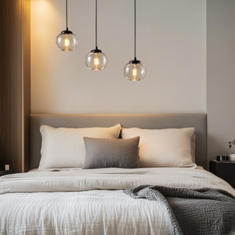 Modern Master Bedroom Design With Queen Bed and Pendant Lights