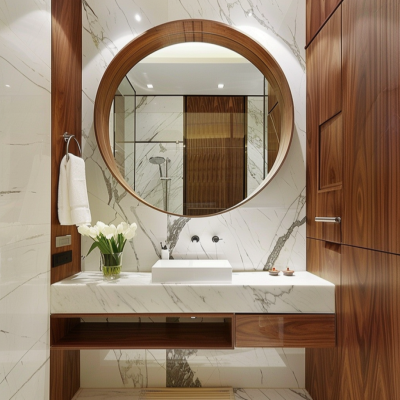 Modern White Marble And Wooden Small Bathroom Ideas With Round Mirror