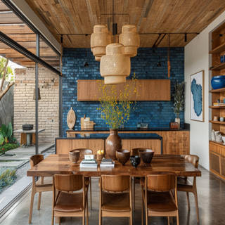 Rustic Beige And Wood Dining Room Design With Blue Brick Accent Wall