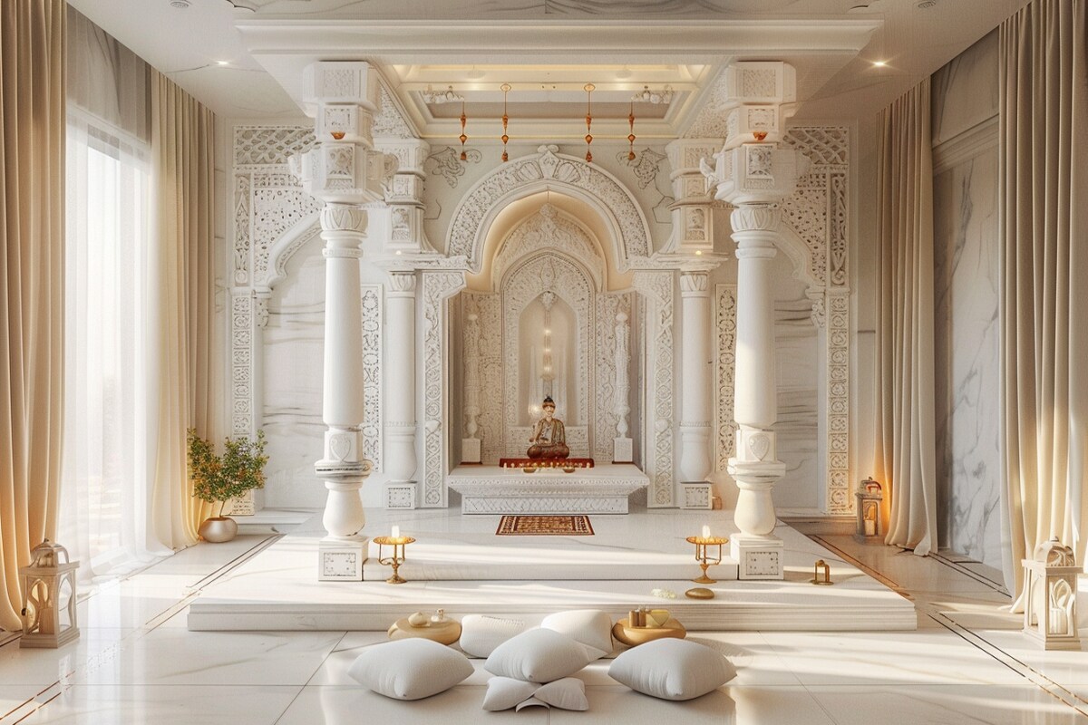 Modern Floor-Mounted Frosty White Mandir Design