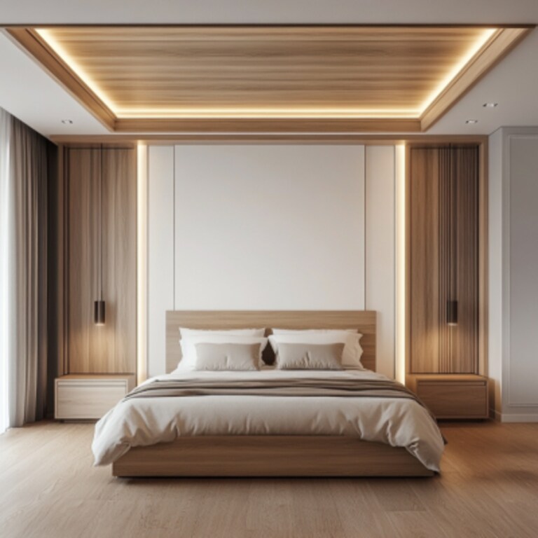 Multilayered White And Wood Bedroom Ceiling Design