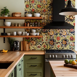 Modern Multicoloured Moroccan Kitchen Tiles Designed with Olive Green Cabinets