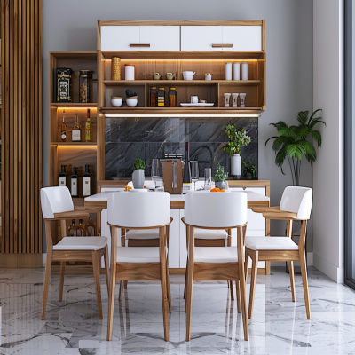 Contemporary 6-Seater White And Wood Dining Room Design With Crockery-Cum-Bar Unit