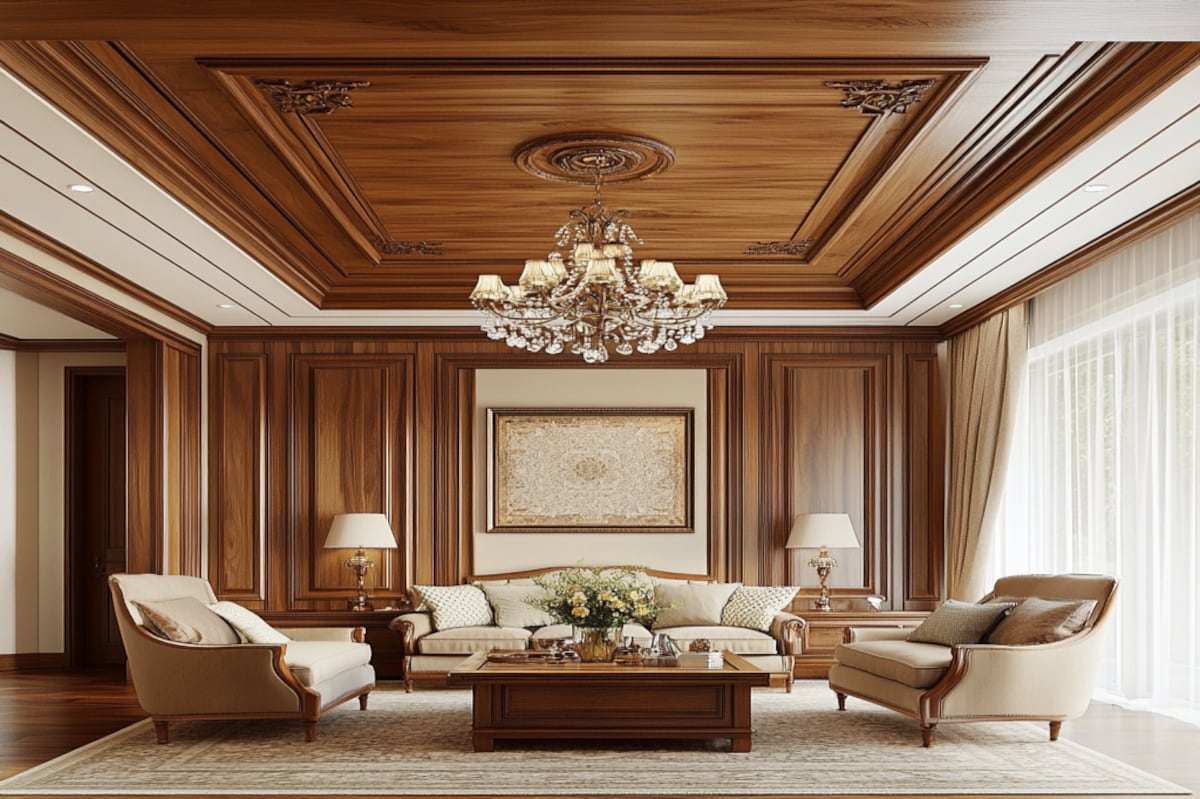 Wooden Transitional Peripheral False Ceiling Design With Chandelier