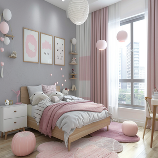 Modern Grey And White Kids Room Design For Girls With Pink And Wood Bed