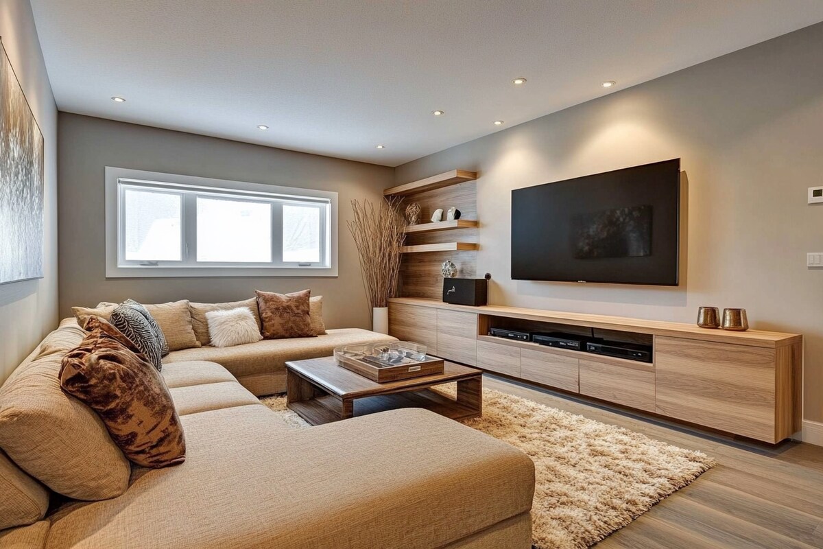 Modern Living Room Design With Beige Sectional Sofa And Wooden Storage Unit