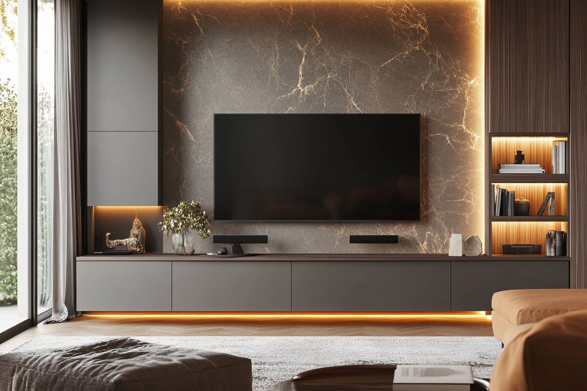 Contemporary Brown and Grey TV Unit Design with Storage