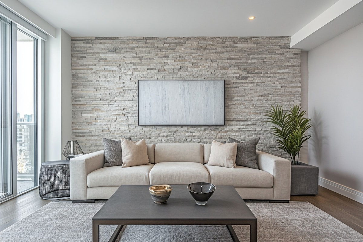 Contemporary Light Grey Living Room Wall Design With Stone Cladding