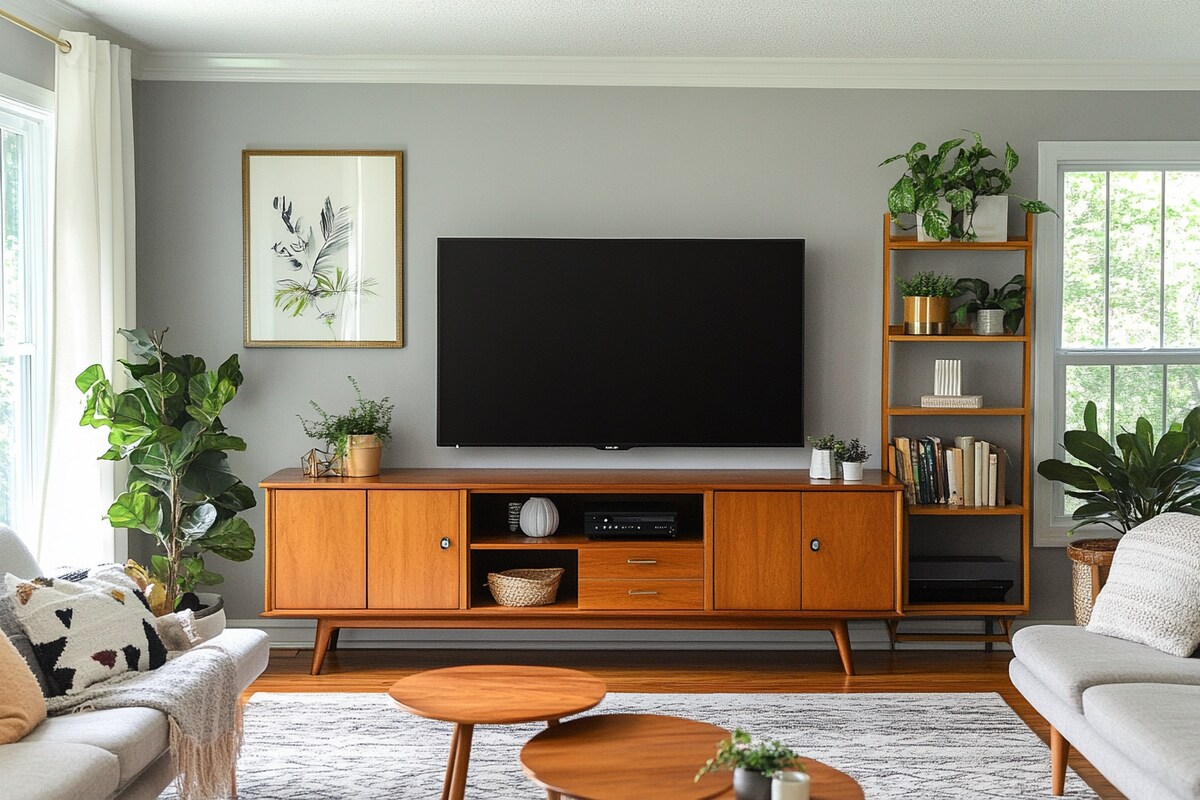 Mid Century Modern Light Grey Wall Paint Design For TV Unit Walls