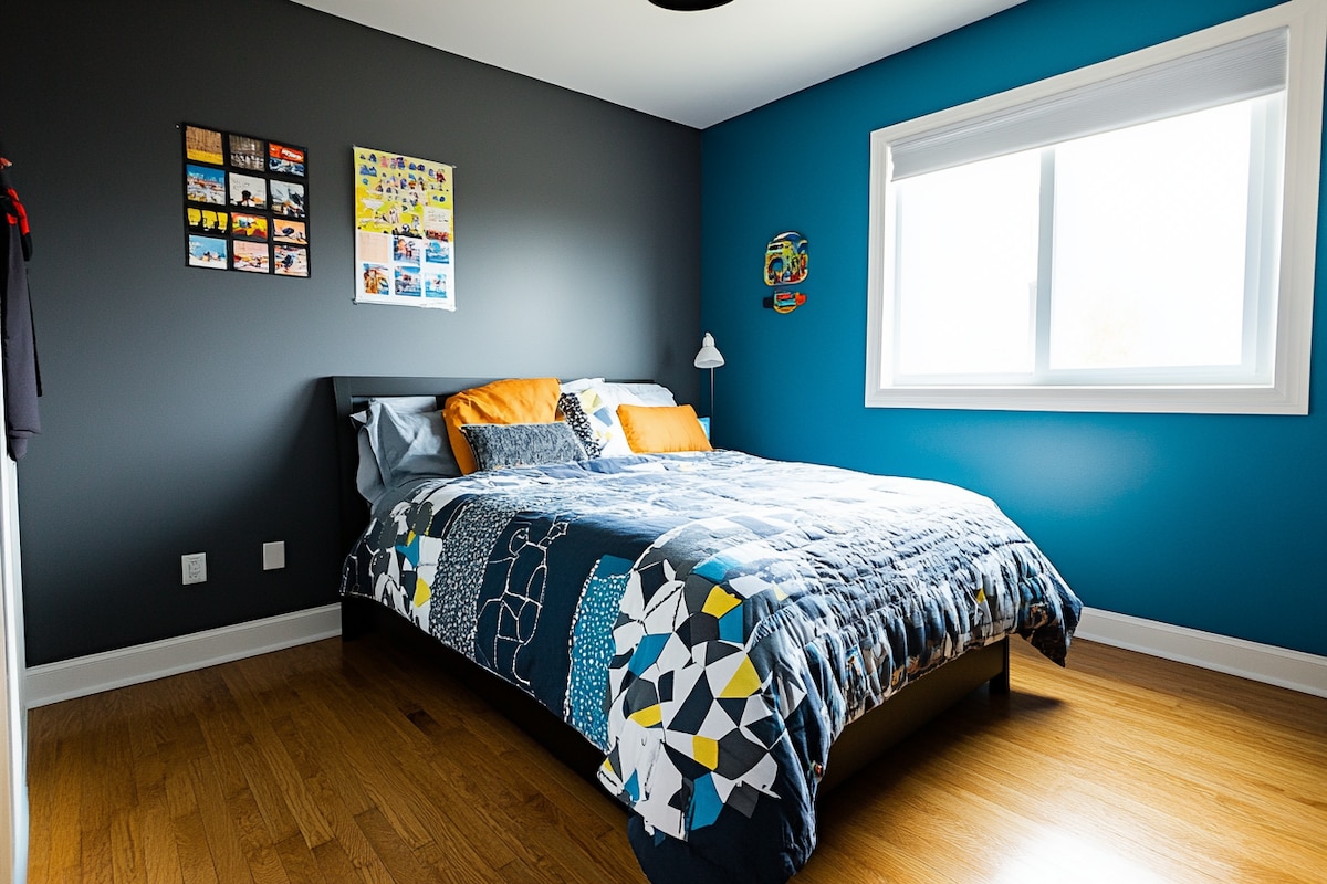 Contemporary Dark Grey And Blue Wall Design For Bedrooms