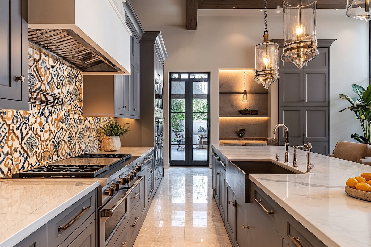 Contemporary Modular Grey And Champagne-Toned Parallel Kitchen Design With Moroccan Backsplash