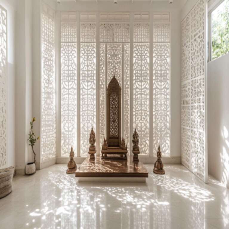 Spacious Mandir Design With White Jali Backdrop