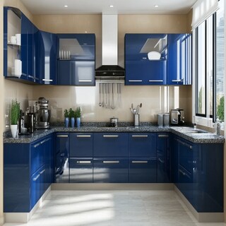 Minimalist U-Shaped Kitchen Design with Blue Units and Granite Countertop