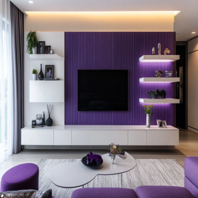 Modern Frosty White TV Unit Design with Purple Back Panel and Vertical Stripes