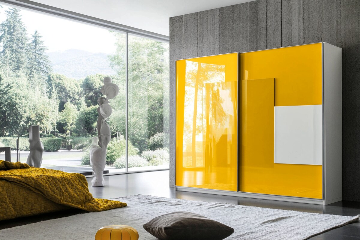 Modern 2-Door Sliding Door Wardrobe Design In White And Yellow Modern 2-Door Sliding Door Wardrobe Design In White And Yellow