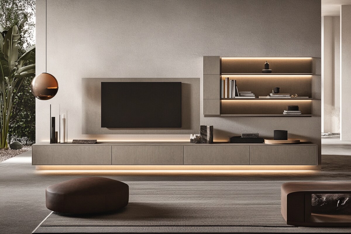 Modern 6-foot TV Unit Design with Suede Finish and Highlighted Wall