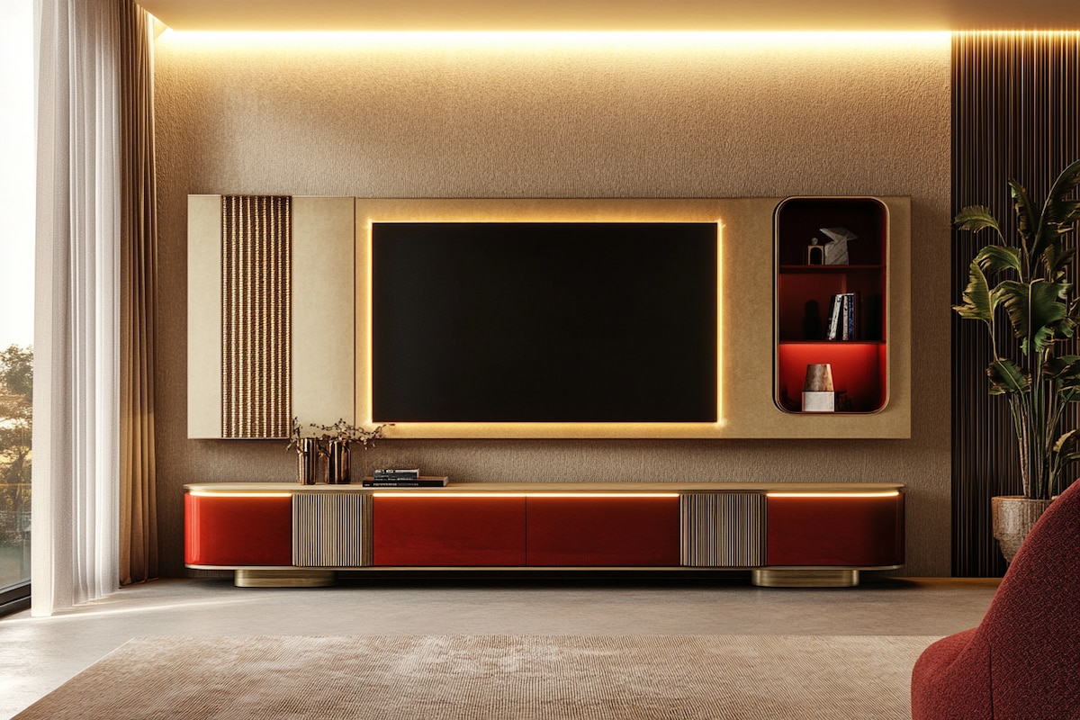 Modern Nomadic Gold And Red TV Unit Design With Overhead Unit