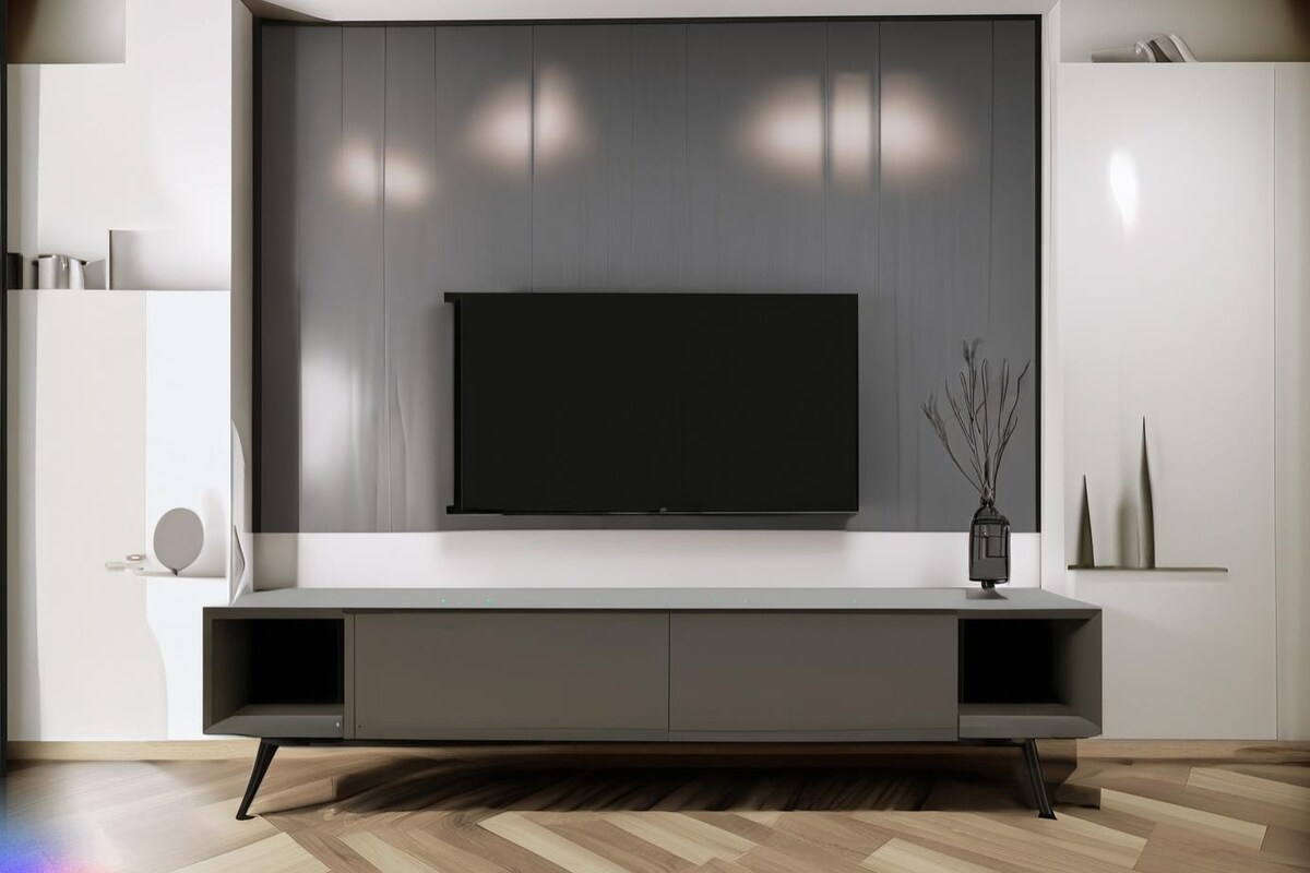 Modern TV Unit Design in Grey Laminate with Wooden Flooring