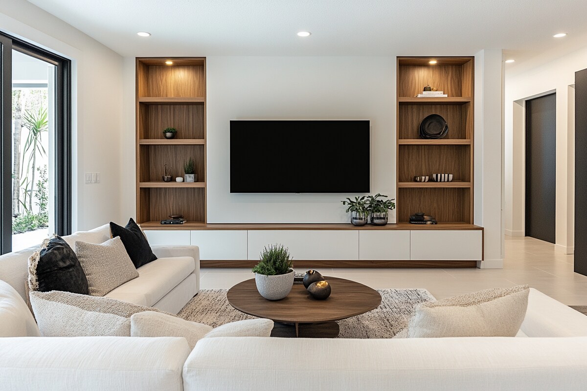 Streamlined Modern TV Unit Design in Walnut Bronze and White