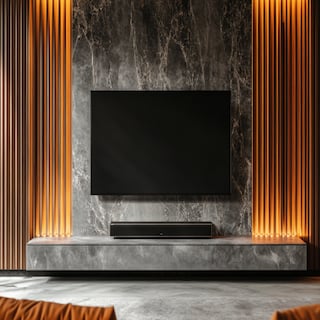 Contemporary TV Unit Design With Grey Marble Accent Wall And Wooden Fluted Panels