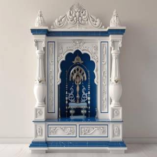 Contemporary White And Blue Mandir Design With Drawer And Shutter Storage