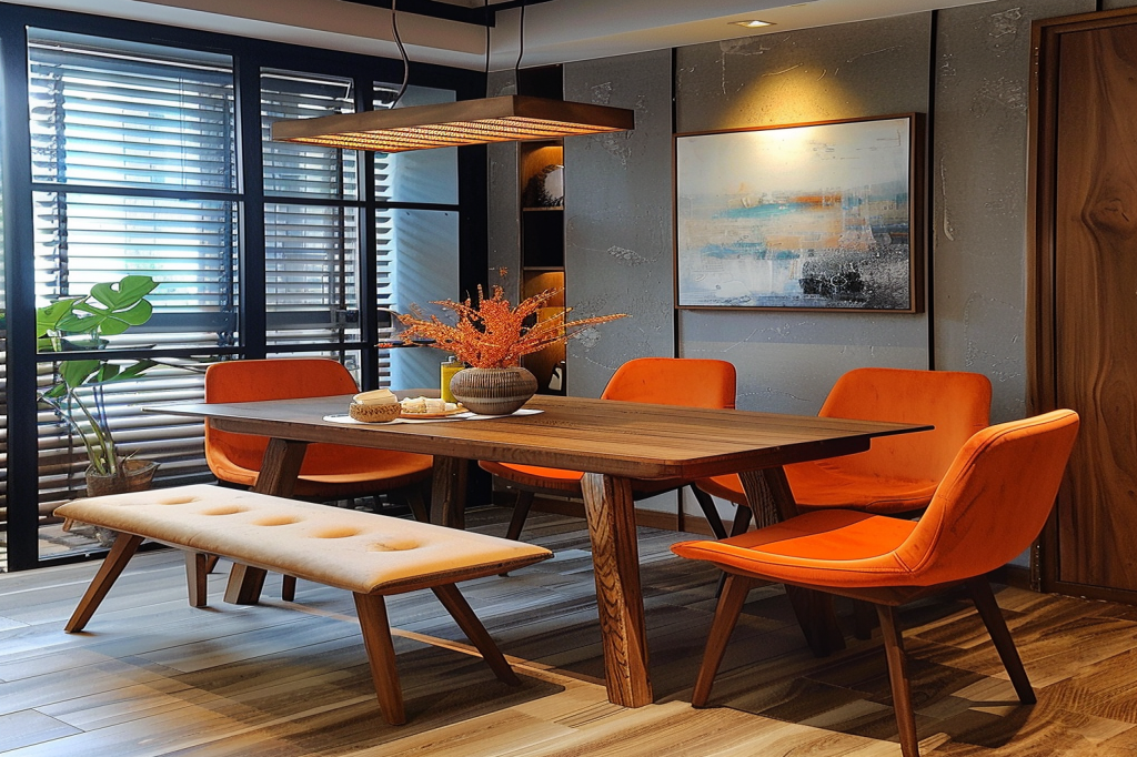 Contemporay 4-Seater Wooden Dining Room Design With Orange Chairs And Wooden Bench