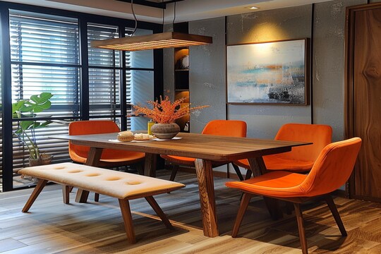 Contemporay 4-Seater Wooden Dining Room Design With Orange Chairs And ...