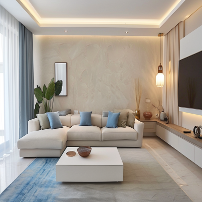 Minimal Beige And Blue Living Room Design With Rectangular White Coffee Table