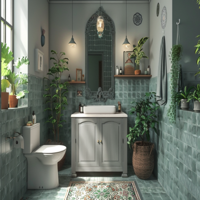 Modern Bathroom Design With Grey Vanity Unit And Moroccan Tiling