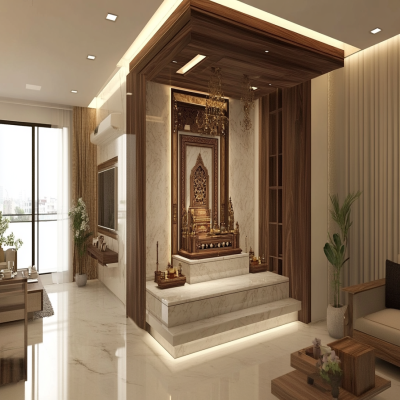 Contemporary Open Mandir Design In Frosty White And Brown