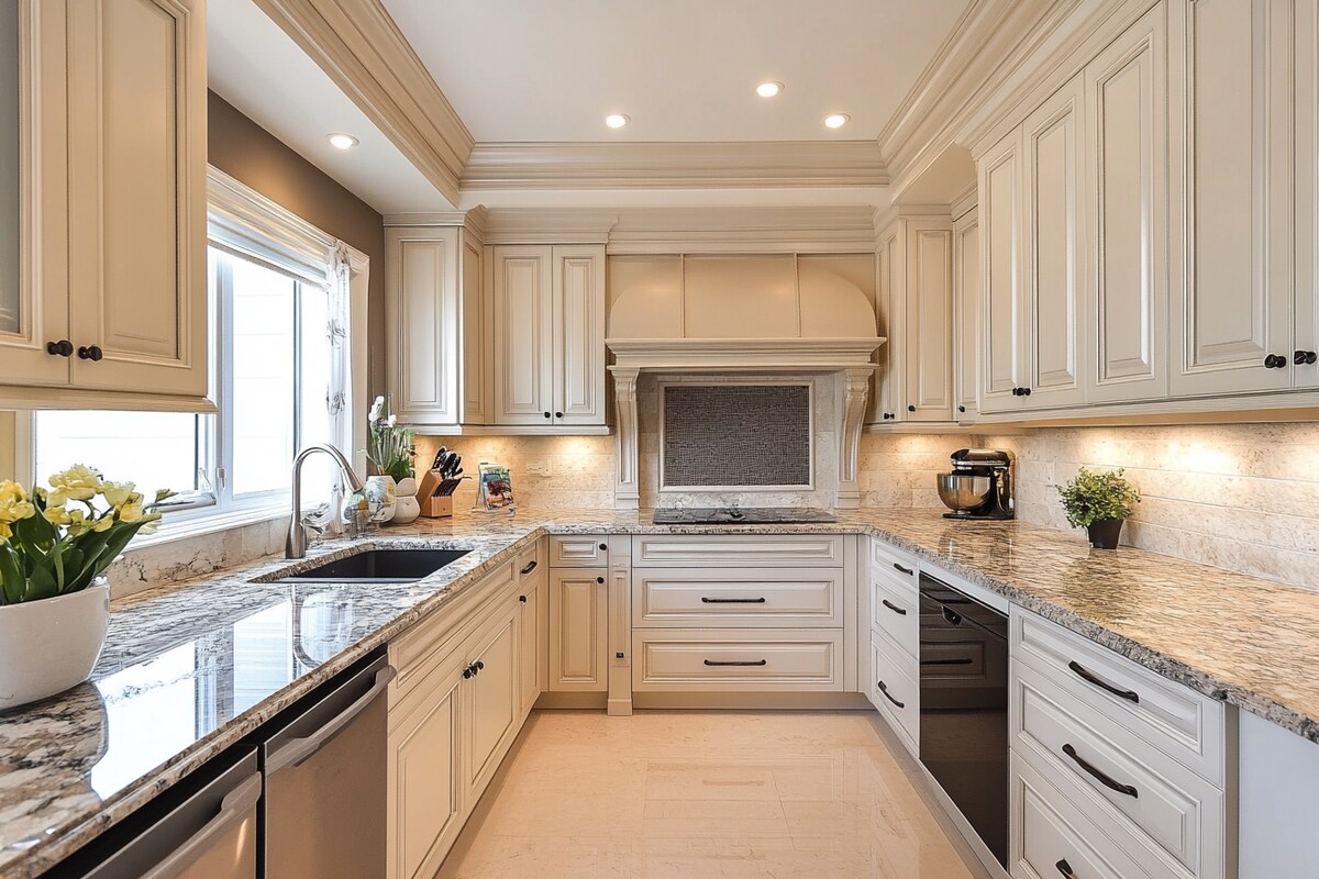 Modern Irish Cream Modular U-Shaped Kitchen Design With Marble Backsplash