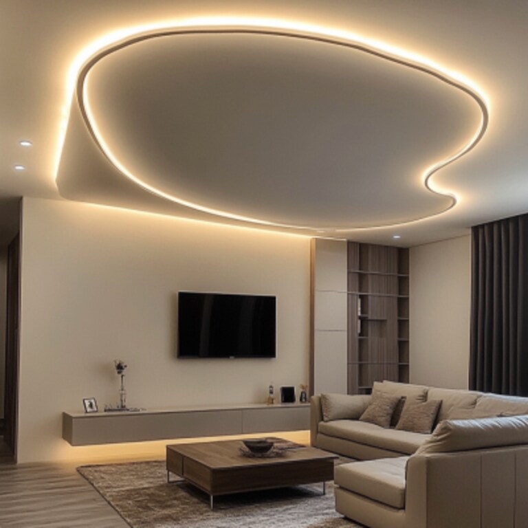 Contemporary Peripheral Gypsum False Ceiling Design With Spotlights