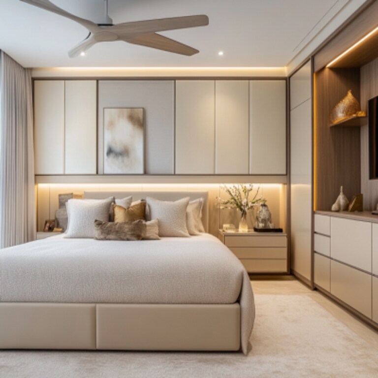 Modern Master Bedroom Design With Cream Bed and Storage