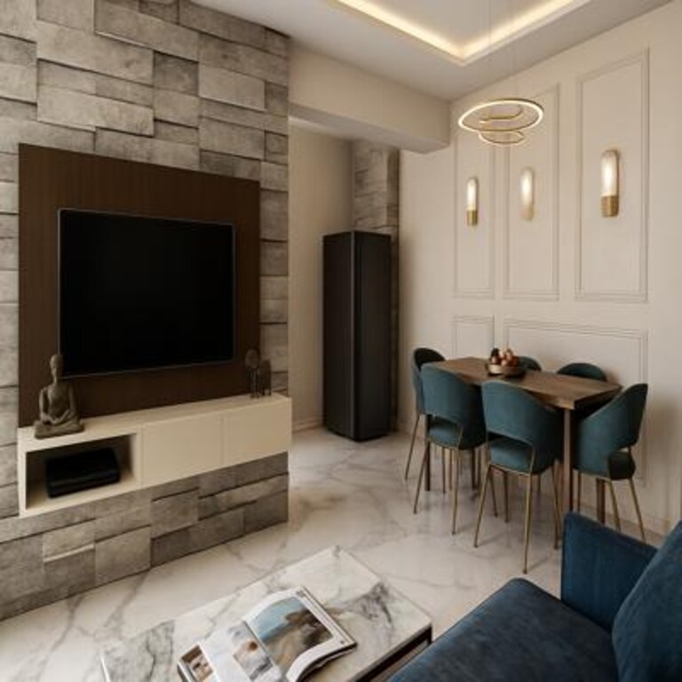 Modern Living Room Design with Stone TV Wall and Dining Corner