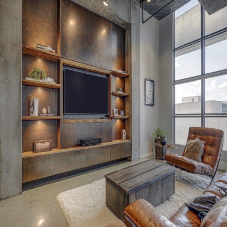 Contemporary Bronze TV Unit Design with Concrete Accent Wall