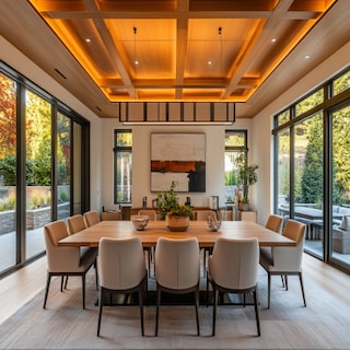 Contemporary Peripheral Ceiling Design With Wooden Panels For Dining Room