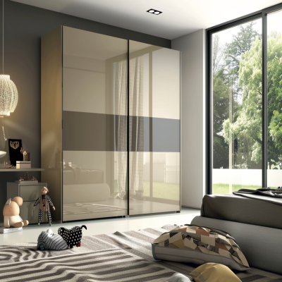 Modern Grey And Beige Kids Room Design With Glossy Sliding Wardrobe