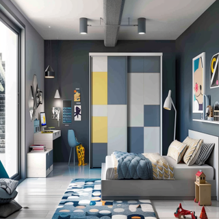 Modern Grey And White Boys Room Design With 3-door Sliding Wardrobe