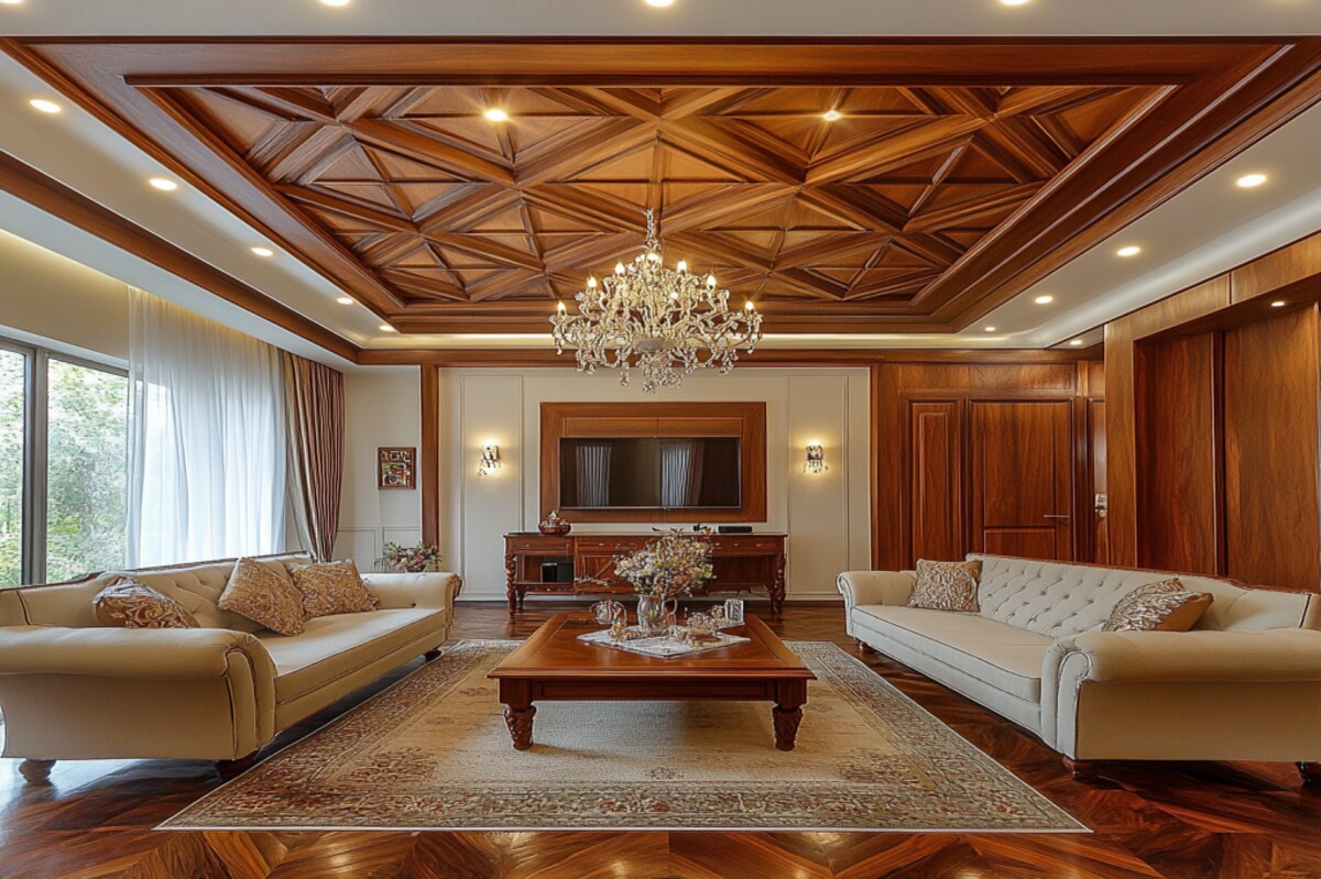 Wood And POP Ceiling Design With Chandelier