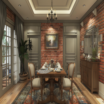 Classic 2-seater Wood And Grey Dining Room With Red Brick Accent Wall