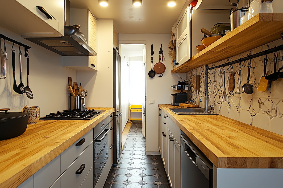 Modern Parallel Kitchen Design with Wooden Countertops